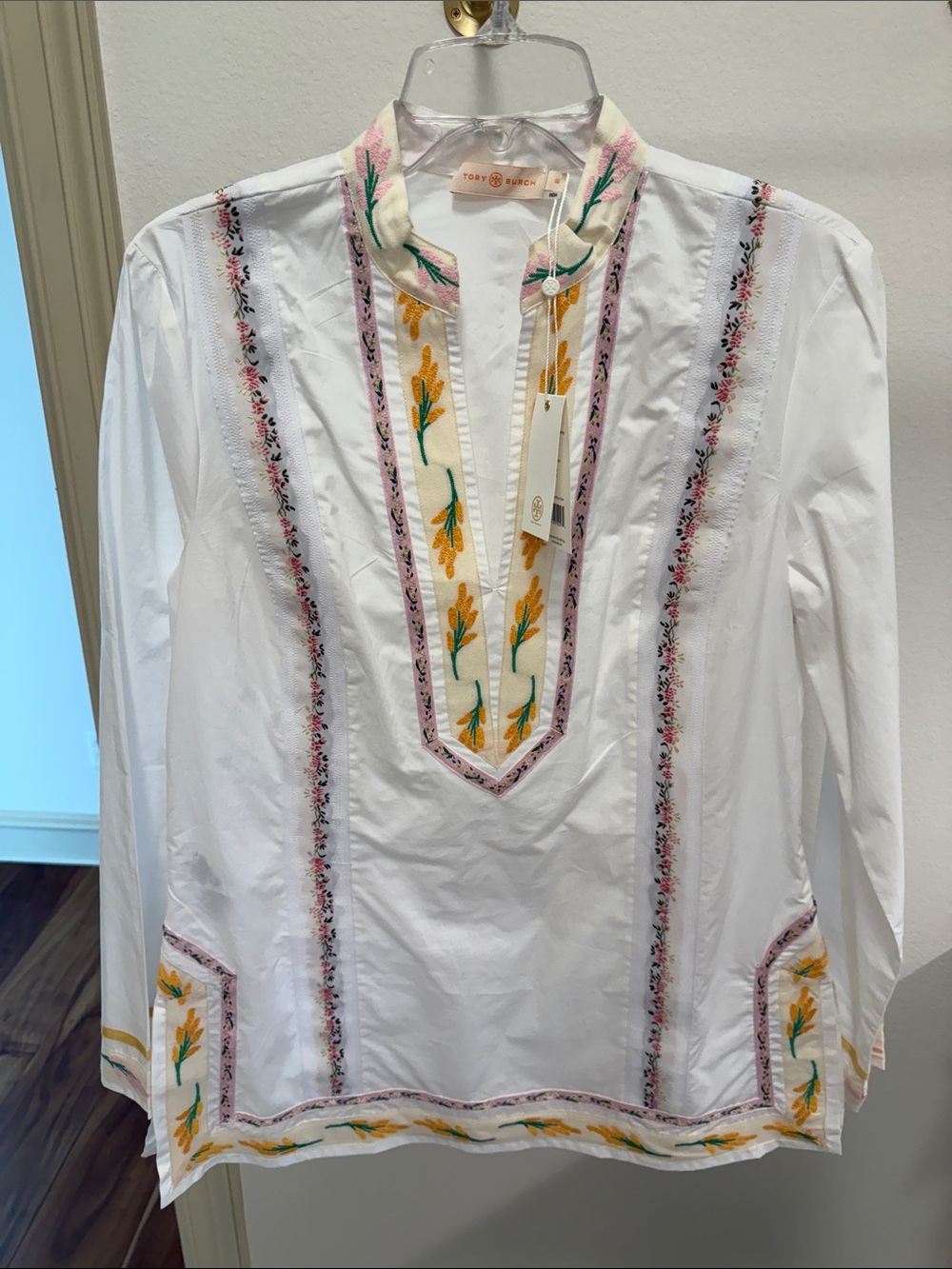 Tory Burch White Embroidered Tunic with Yellow and Pink Accents